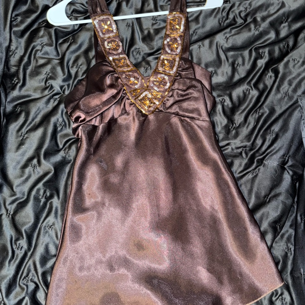 Elegant Brown Satin Dress with Embellished Neckline